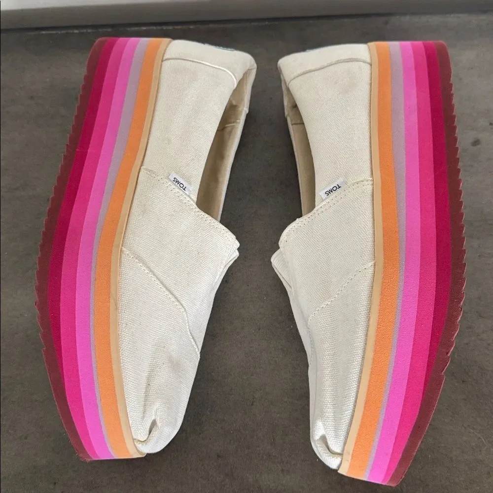 TOMS Alp Espadrille Platform Slip-On Shoes Cream Canvas Rainbow Women’s Size 9